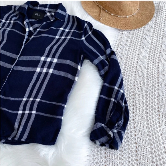 Rails Long Sleeve Trouser Pajama Top Shirt Navy Blue White Plaid Flannel XS - Picture 7 of 16